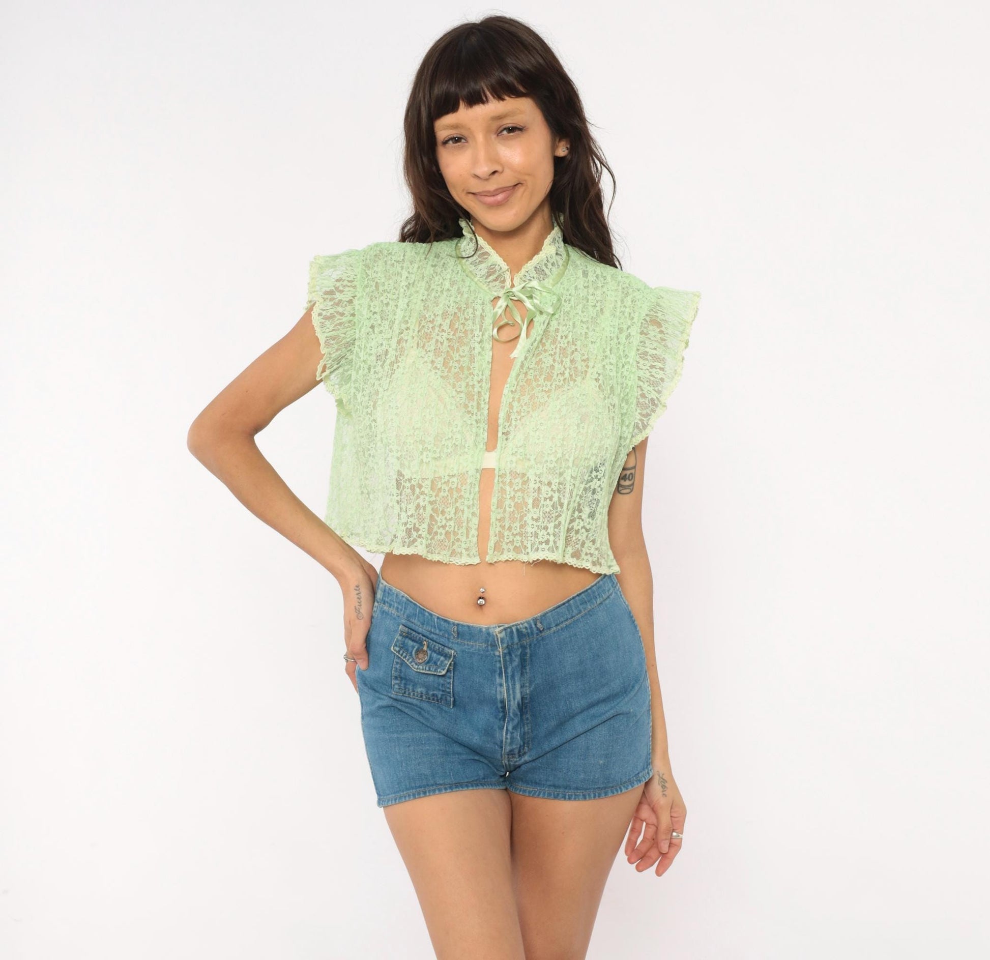 70s Mint Green Lace Crop Top Floral Sheer Ruffle Collar Small