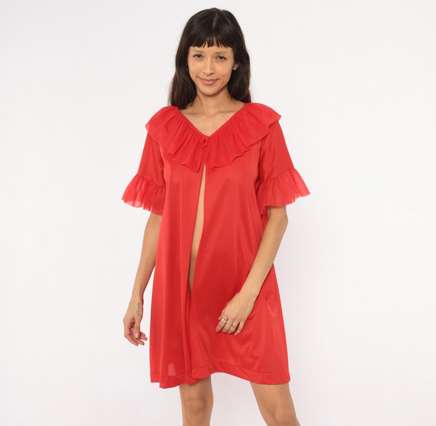70s Le Voys Red Peignoir Robe Sheer Ruffle Collar Flutter Sleeve Medium