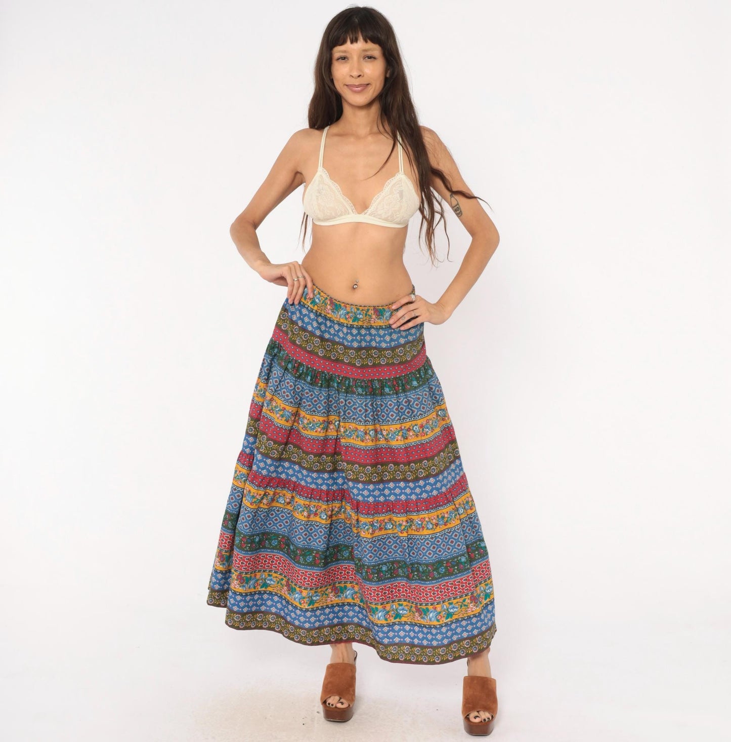 80s Anne Marie Patchwork Tiered Maxi Skirt Floral Striped Cotton Medium M