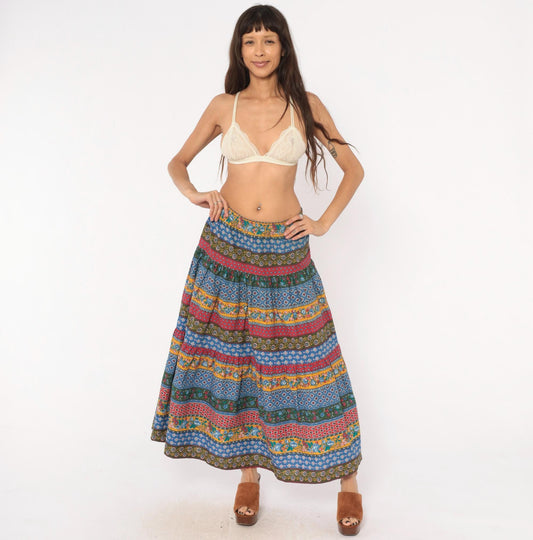 80s Anne Marie Patchwork Tiered Maxi Skirt Floral Striped Cotton Medium M