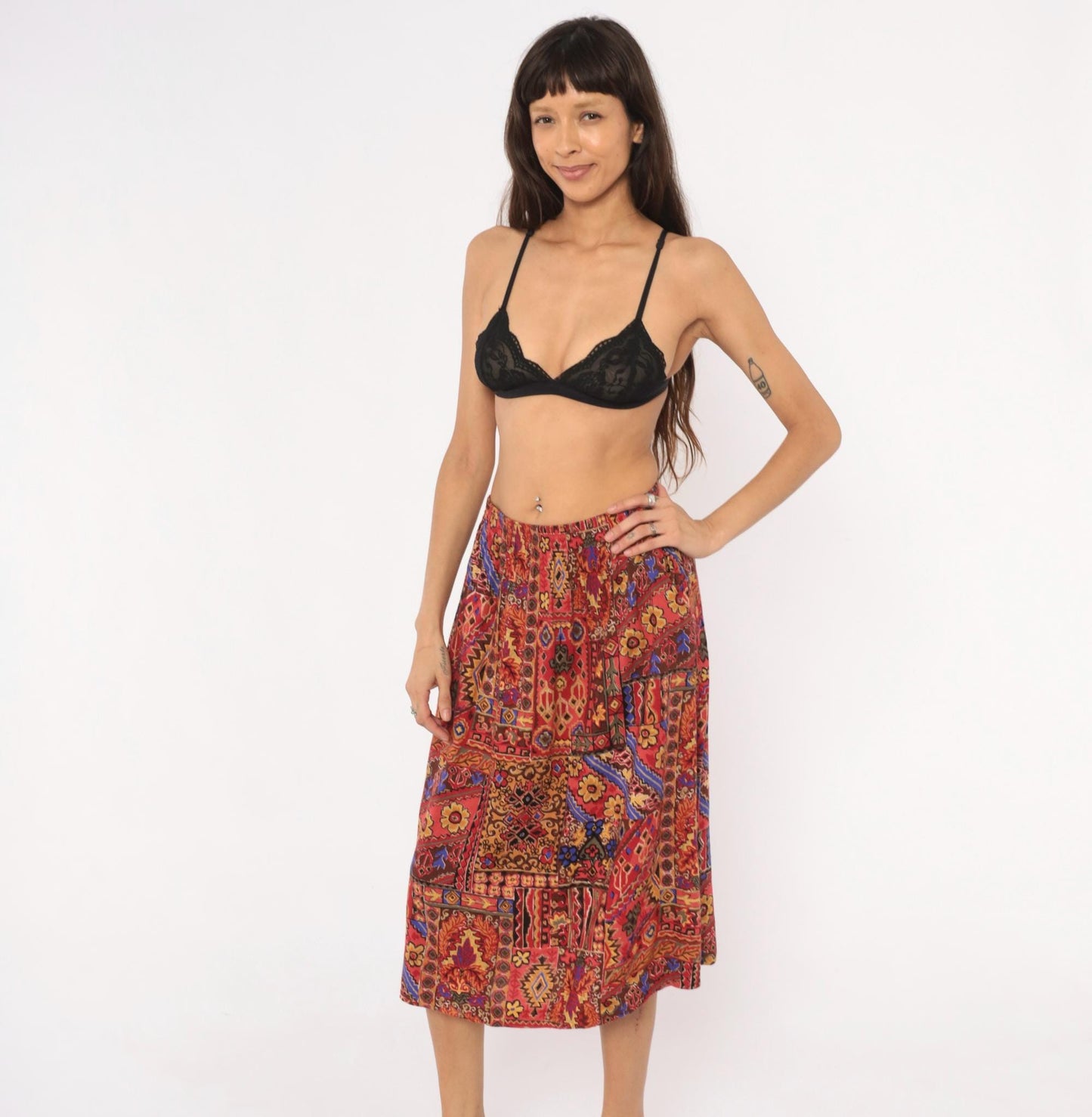 90s Block Island Patchwork Midi Skirt Kilim Print Red Burgundy Small