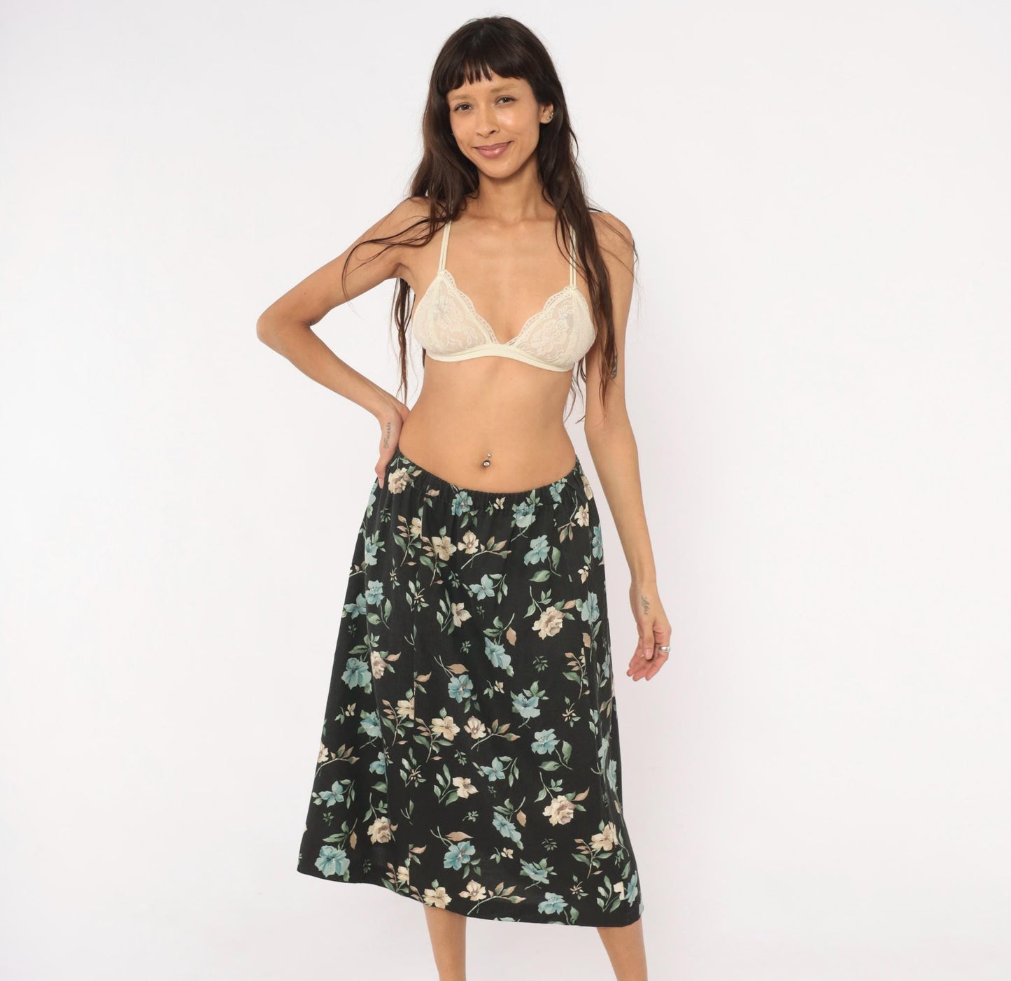 80s Blair Floral Midi Skirt Black Botanical Print Sage Green Medium
