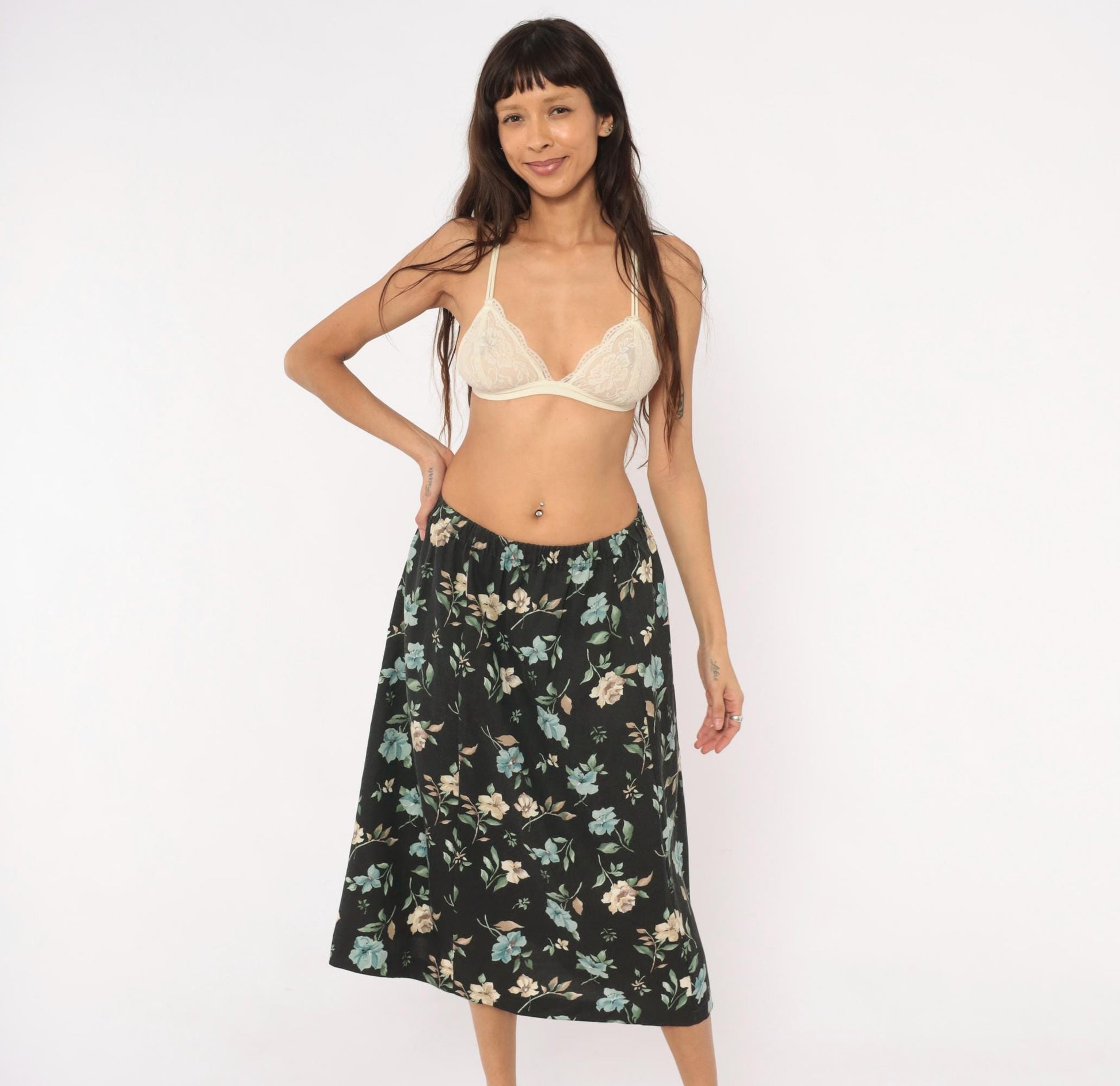 80s Blair Floral Midi Skirt Black Botanical Print Sage Green Medium