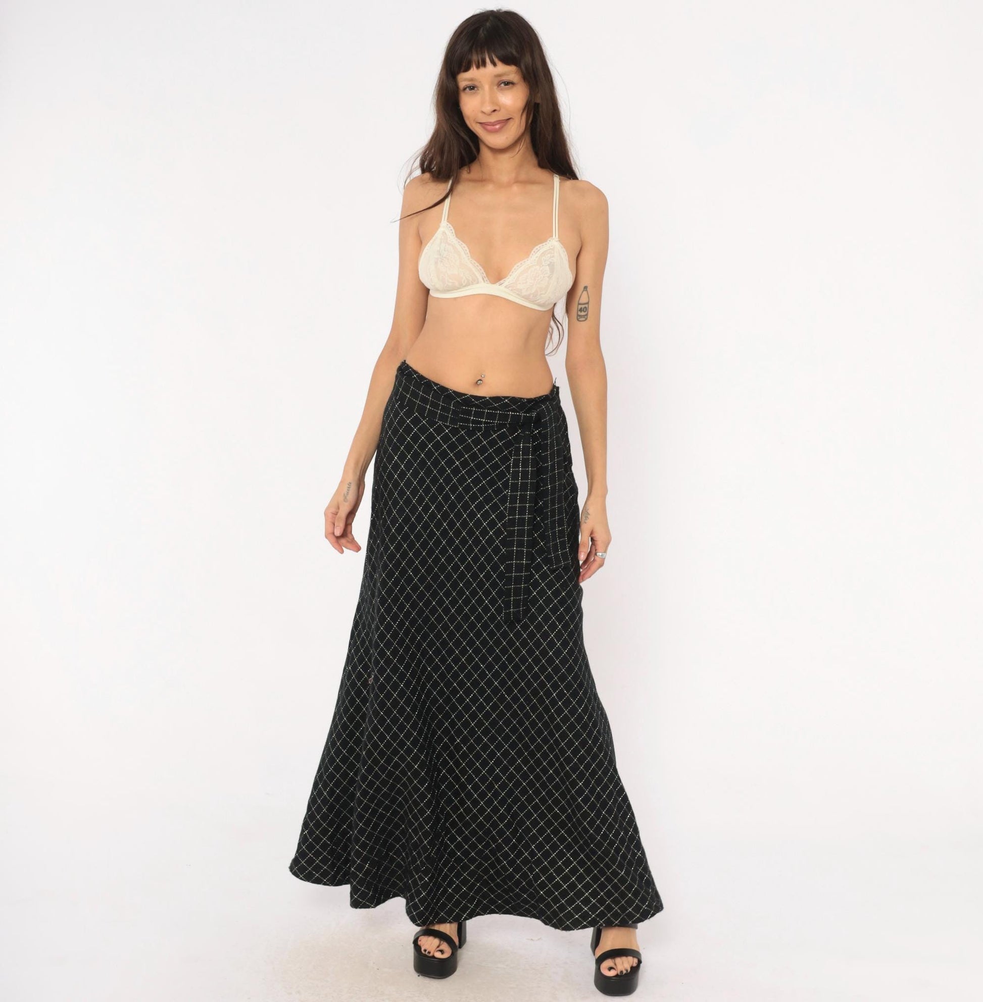 70s Signature Black Maxi Skirt Diamond Quilted Silver Metallic Medium M