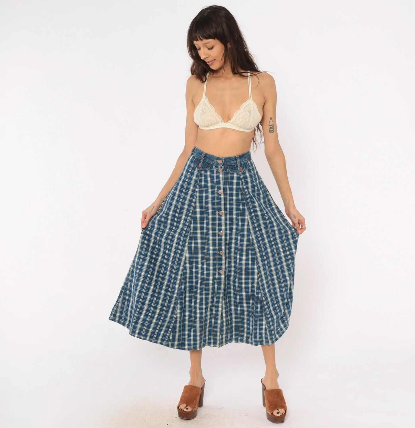 90s Outlaw Blue Plaid Cotton Midi Skirt Button Front XS