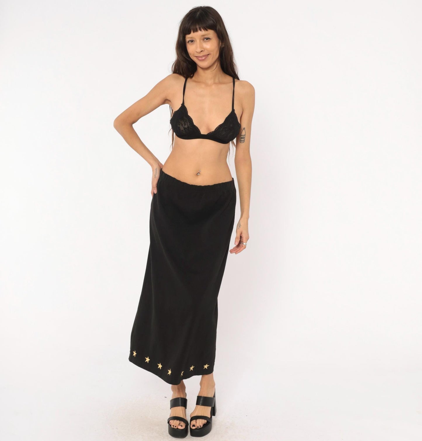 90s Quacker Factory Black Midi Skirt Gold Star Embroidered Medium M