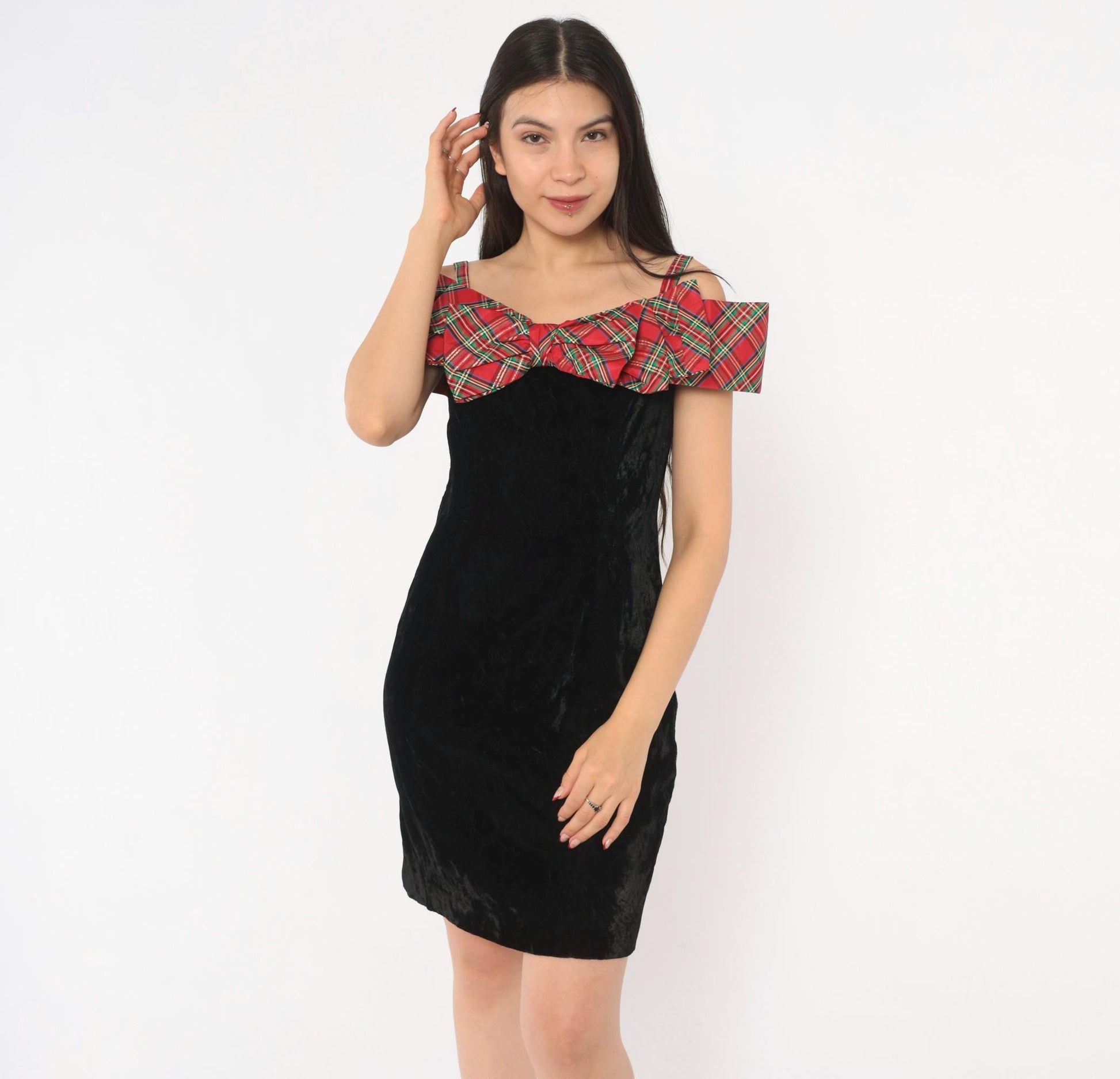90s Badge Black Crushed Velvet Mini Dress Red Tartan Ruffle Off-Shoulder Extra Small XS