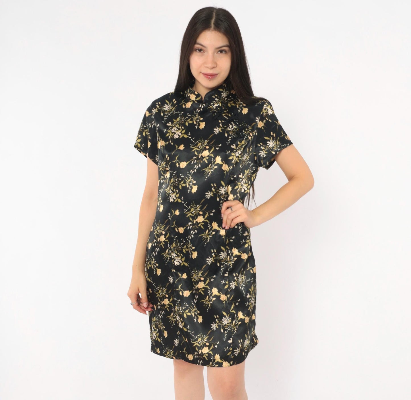 90s Dby Cheongsam Dress Black Gold Floral Brocade Mandarin Collar Mini Medium M