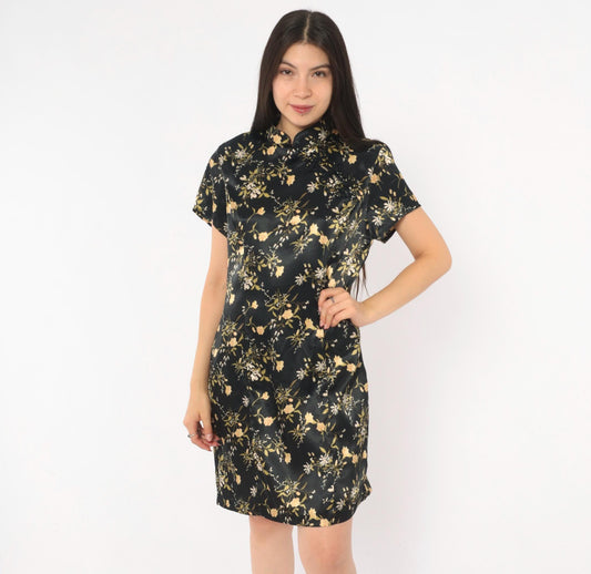 90s Dby Cheongsam Dress Black Gold Floral Brocade Mandarin Collar Mini Medium M
