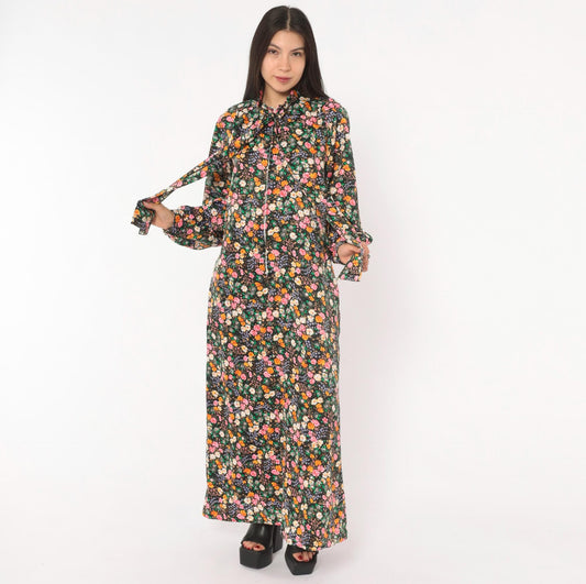 70s Atkins Black Floral Maxi Dress Bell Sleeve Bow Neck Garden Print Medium M