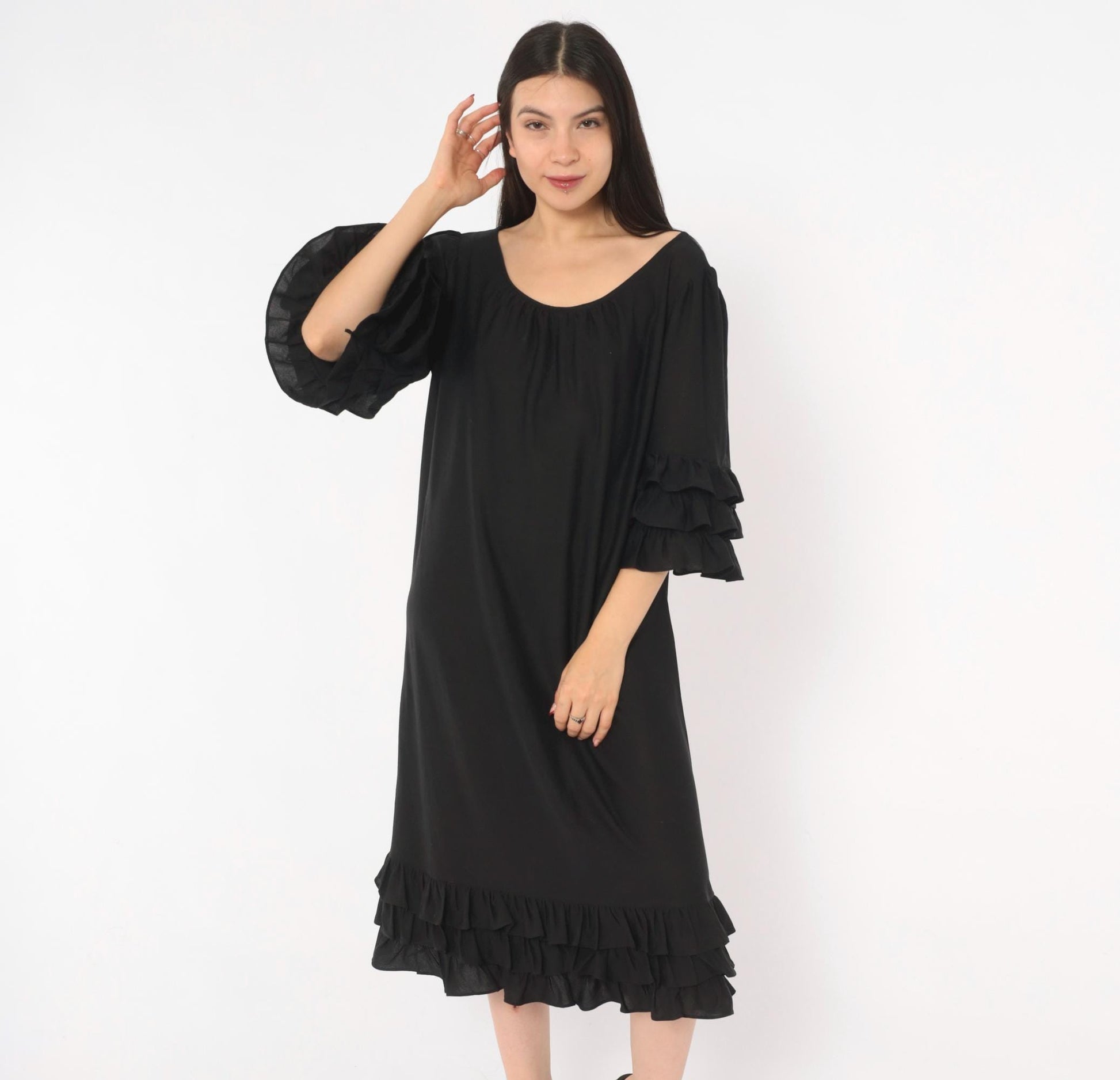 70s Black Midi Dress Ruffle Sleeve Tiered Hem Pullover Large L