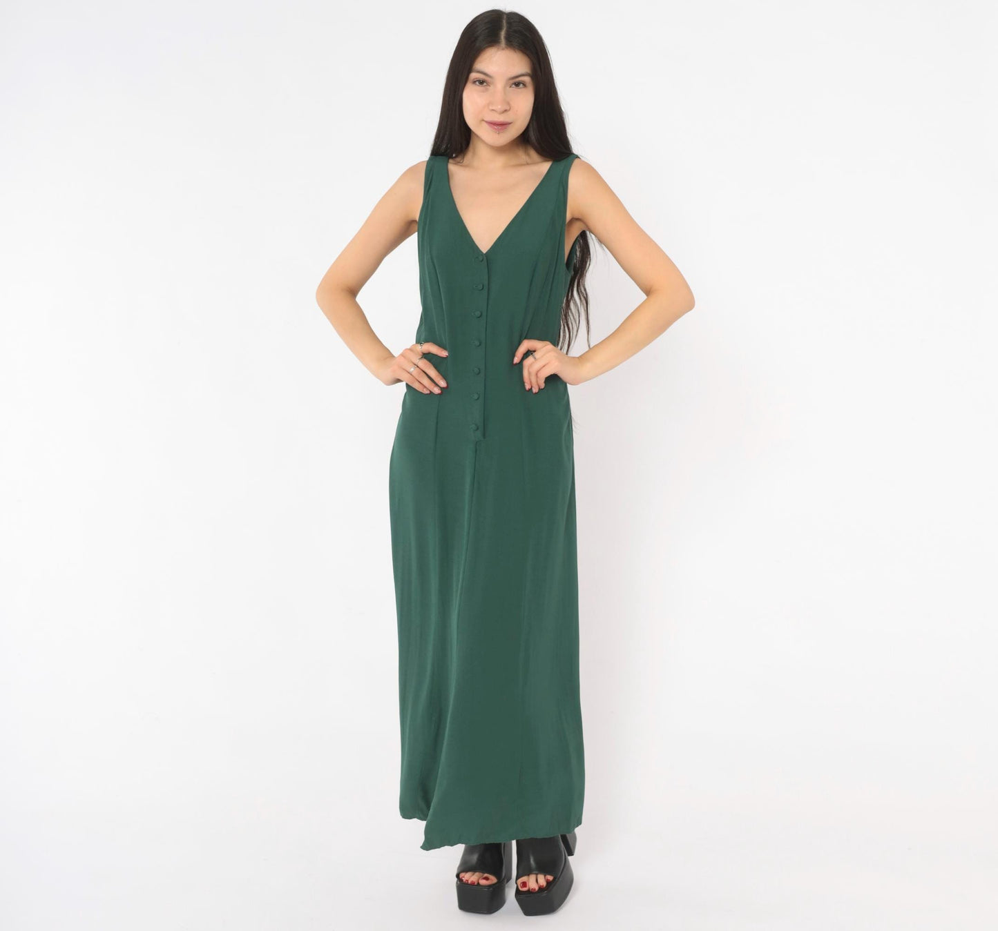 90s Olive Green Maxi Dress Sleeveless V Neck A Line Fitted Waist Medium M