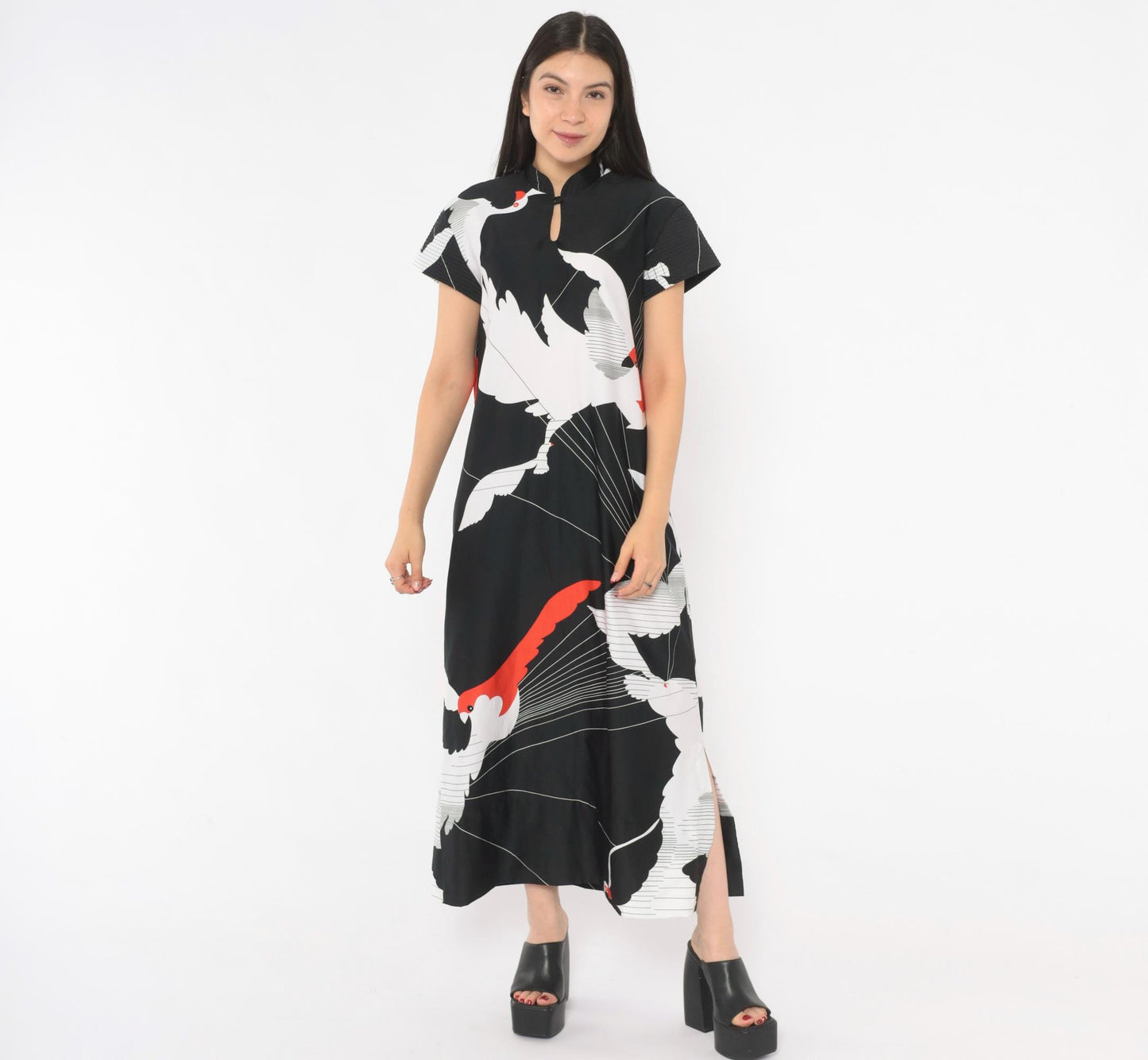 70s Tori Richard Crane Print Maxi Dress Black White Red Mandarin Collar Medium M