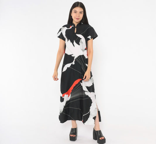 70s Tori Richard Crane Print Maxi Dress Black White Red Mandarin Collar Medium M