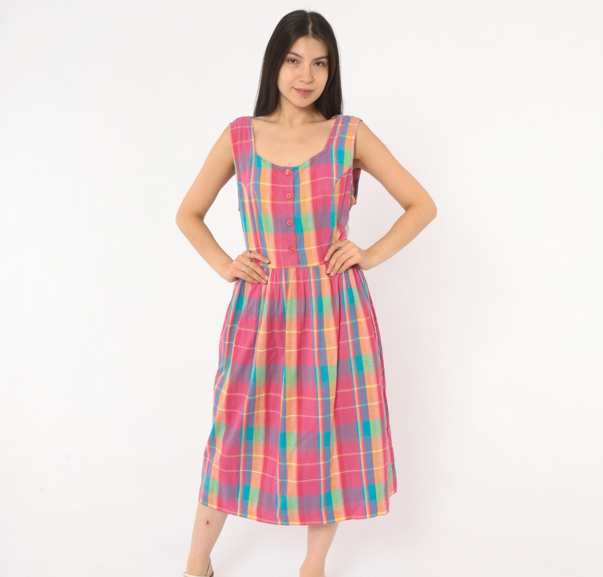 90s Madras Plaid Sundress Pink Turquoise Cotton Button Front Mid-Calf Medium M