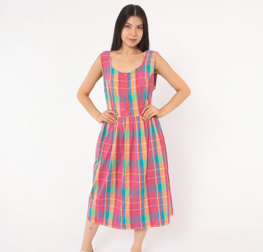 90s Madras Plaid Sundress Pink Turquoise Cotton Button Front Mid-Calf Medium M