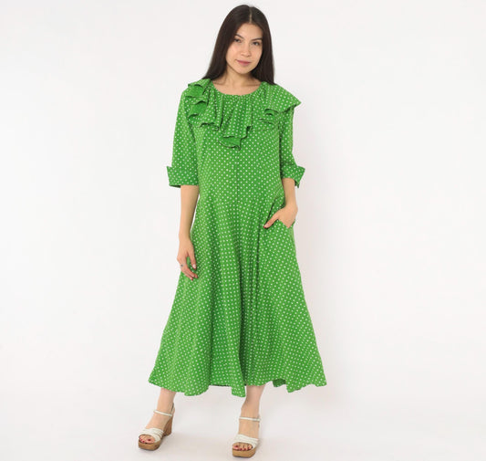 2000s Green White Polka Dot Cotton Midi Dress Ruffle Collar Puff Sleeve Large L
