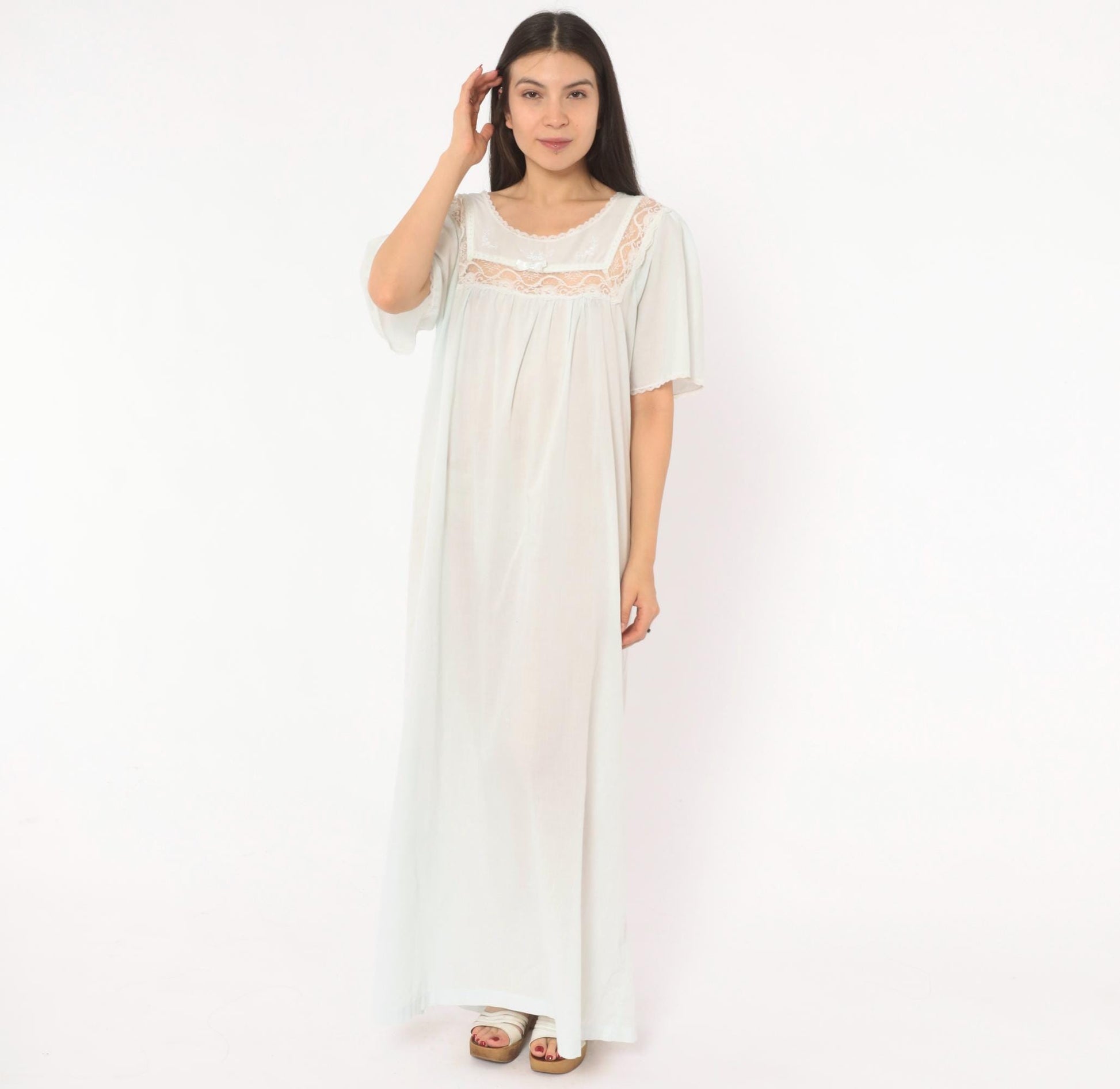 80s Barbizon Pale Blue Maxi Nightgown Lace Yoke Embroidered Puff Sleeve Large L