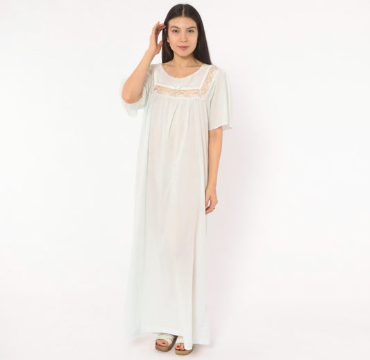 80s Barbizon Pale Blue Maxi Nightgown Lace Yoke Embroidered Puff Sleeve Large L