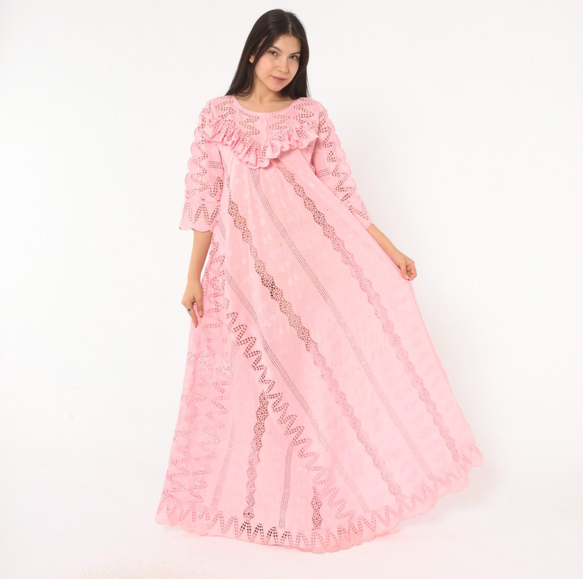 80s Pink Eyelet Lace Maxi Dress Cutwork Embroidered Puff Sleeve Medium M
