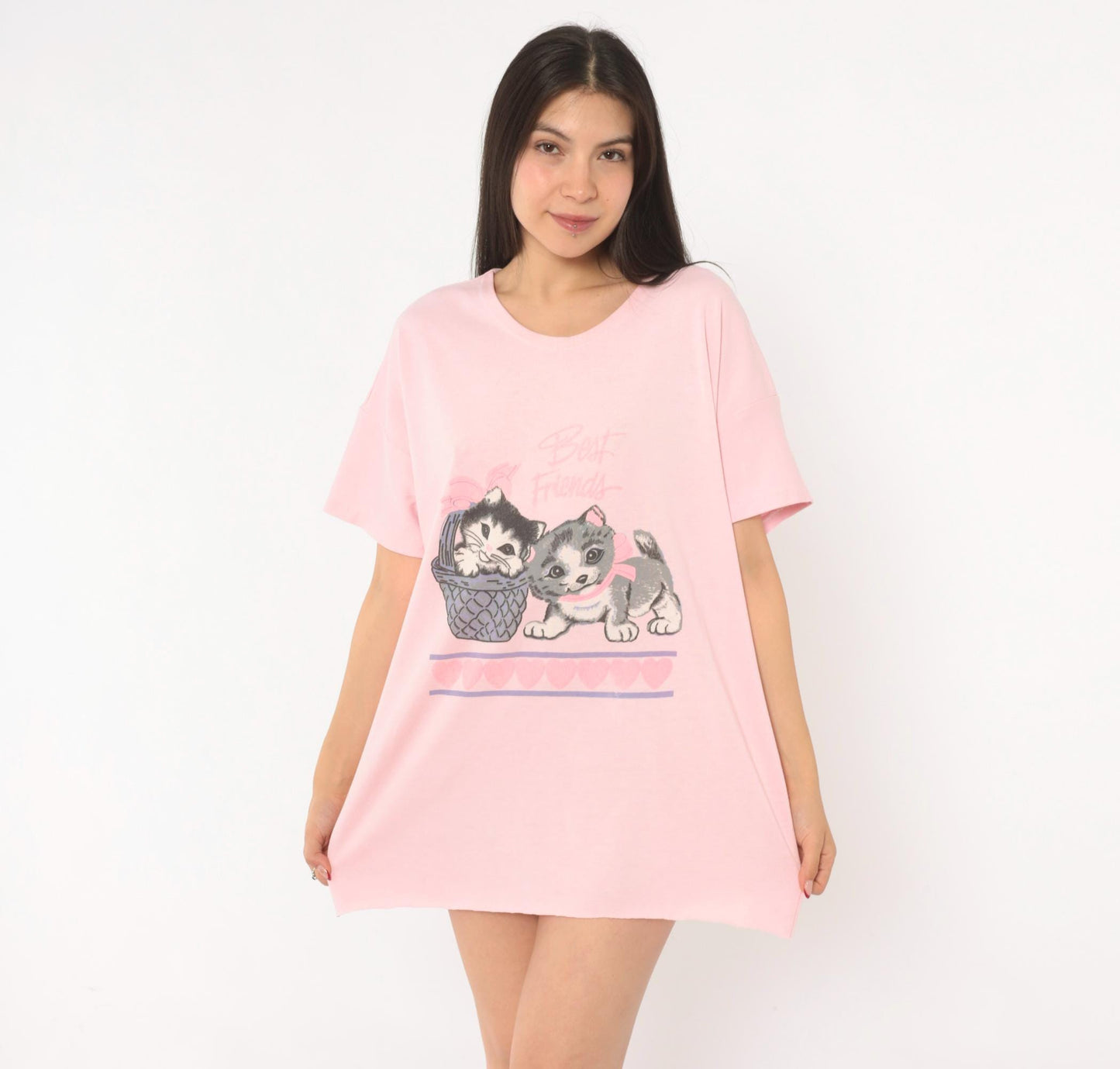 90s Best Friends Kitten Pink Sleep Shirt Cotton Graphic Tee One Size