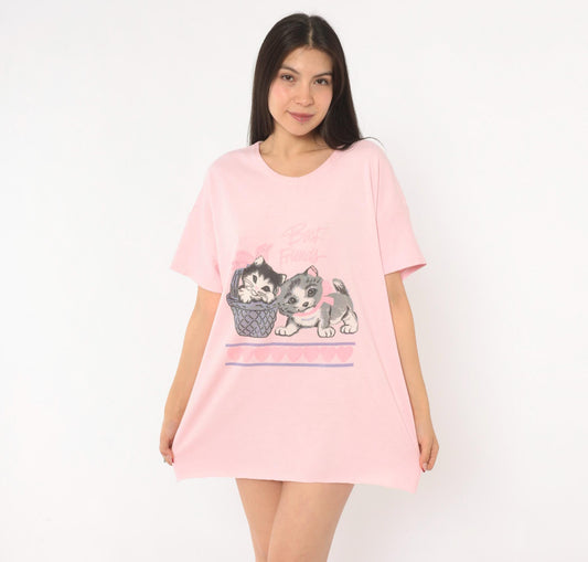 90s Best Friends Kitten Pink Sleep Shirt Cotton Graphic Tee One Size