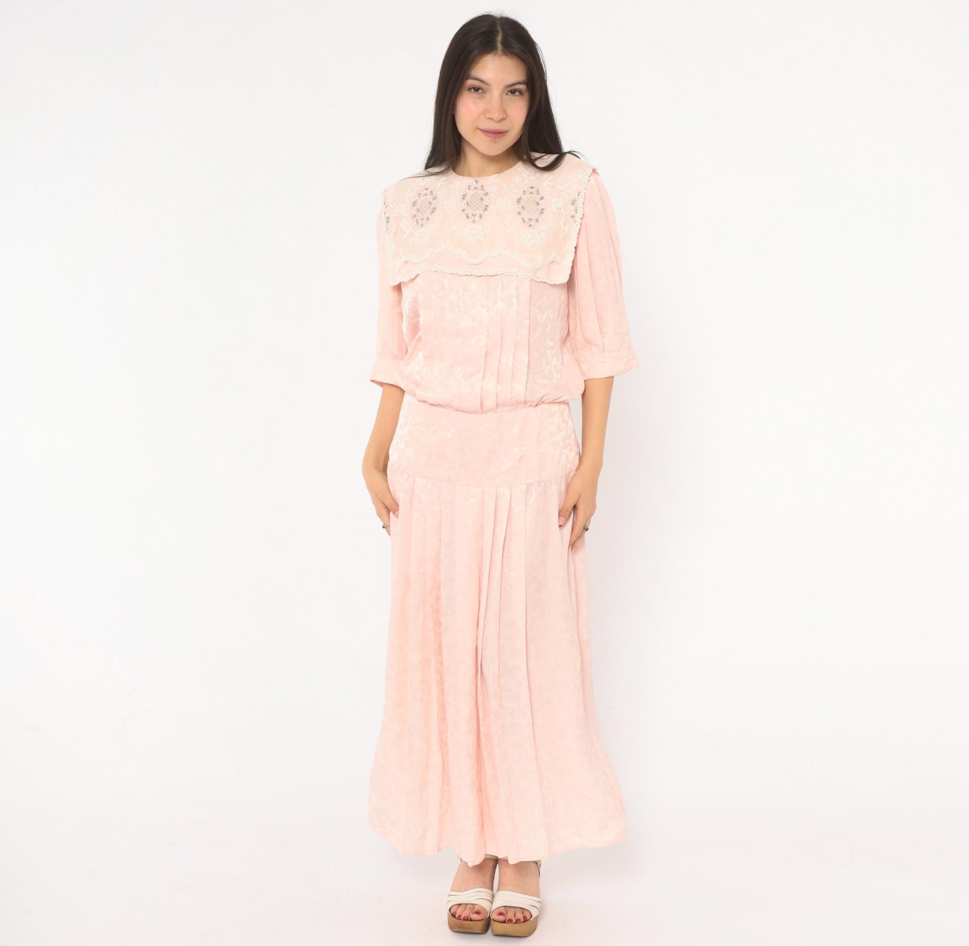 80s Nilani Blush Pink Maxi Dress Lace Cape Collar Floral Jacquard Small