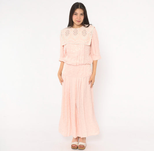 80s Nilani Blush Pink Maxi Dress Lace Cape Collar Floral Jacquard Small