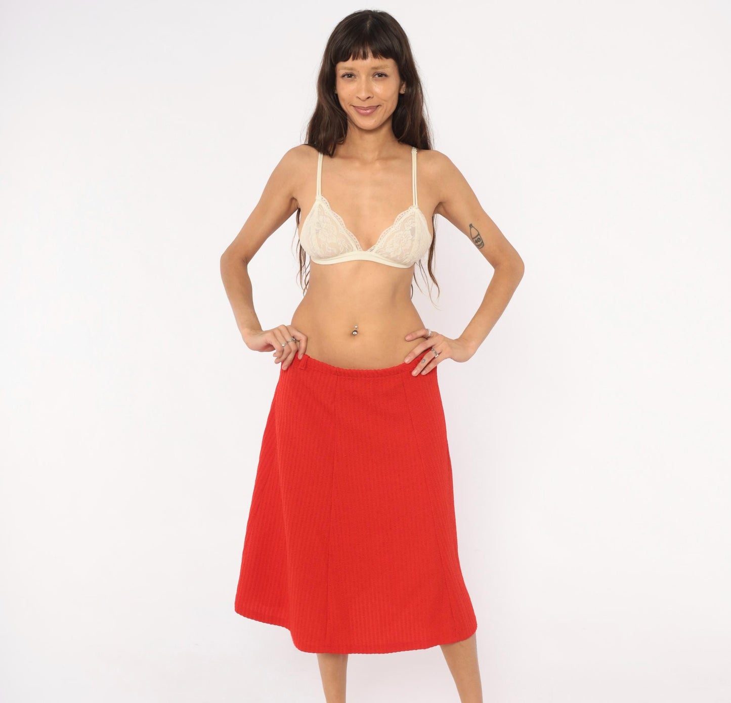 70s Ecco Bay Red A-Line Skirt Ribbed Pleated Knee-Length Large L