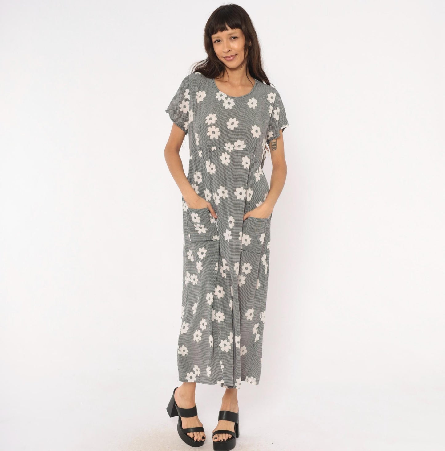 90s Navy Gingham Daisy Print Maxi Dress Drawstring Waist Medium M