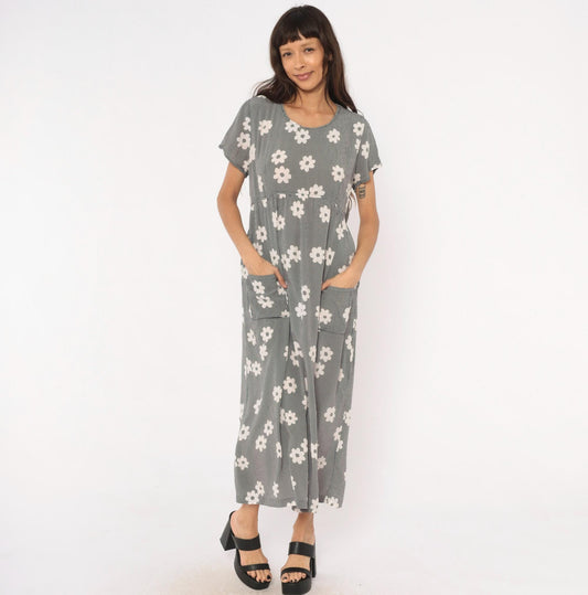 90s Navy Gingham Daisy Print Maxi Dress Drawstring Waist Medium M