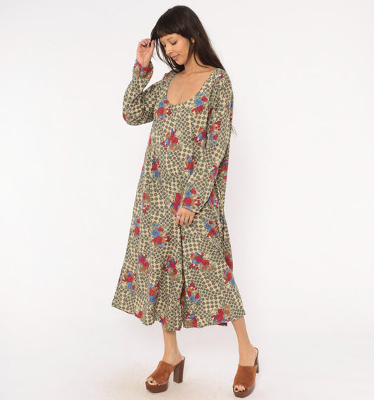 90s Floral Jumpsuit Cream Scoop Neck Long Sleeve Rose Medallion Print Large L