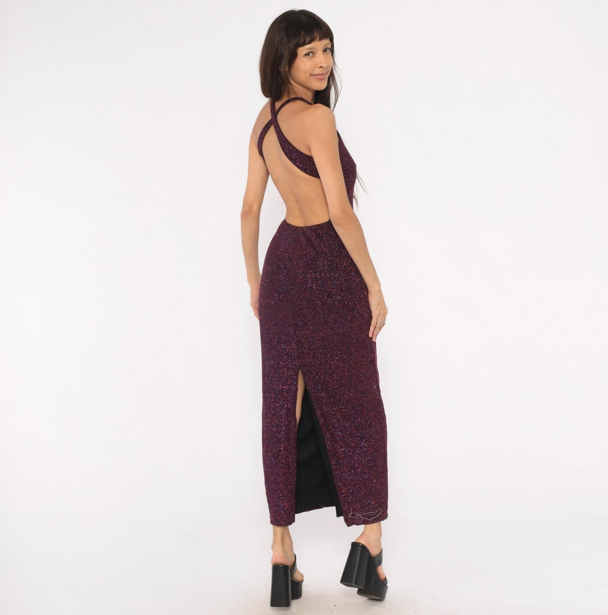 90s Jump Glitter Halter Maxi Dress Plum Purple Open Back Small S