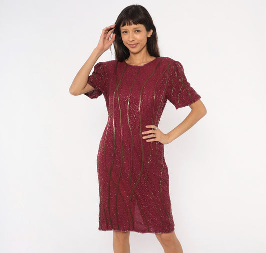 80s Sweelo Burgundy Beaded Dress Gold Bugle Bead Stripes Knee-Length Medium