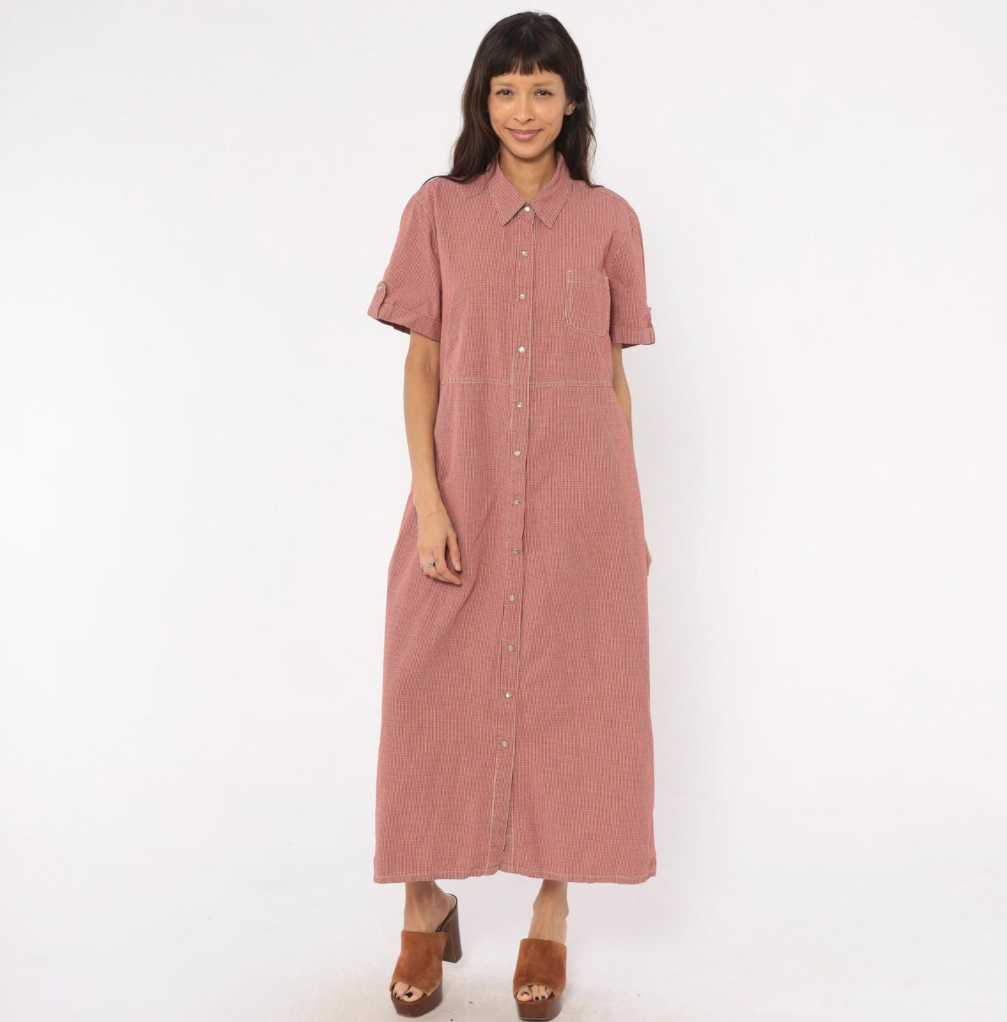 90s White Stag Gingham Shirtdress Red Cream Check Cotton Maxi Extra Large