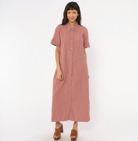 90s White Stag Gingham Shirtdress Red Cream Check Cotton Maxi Extra Large