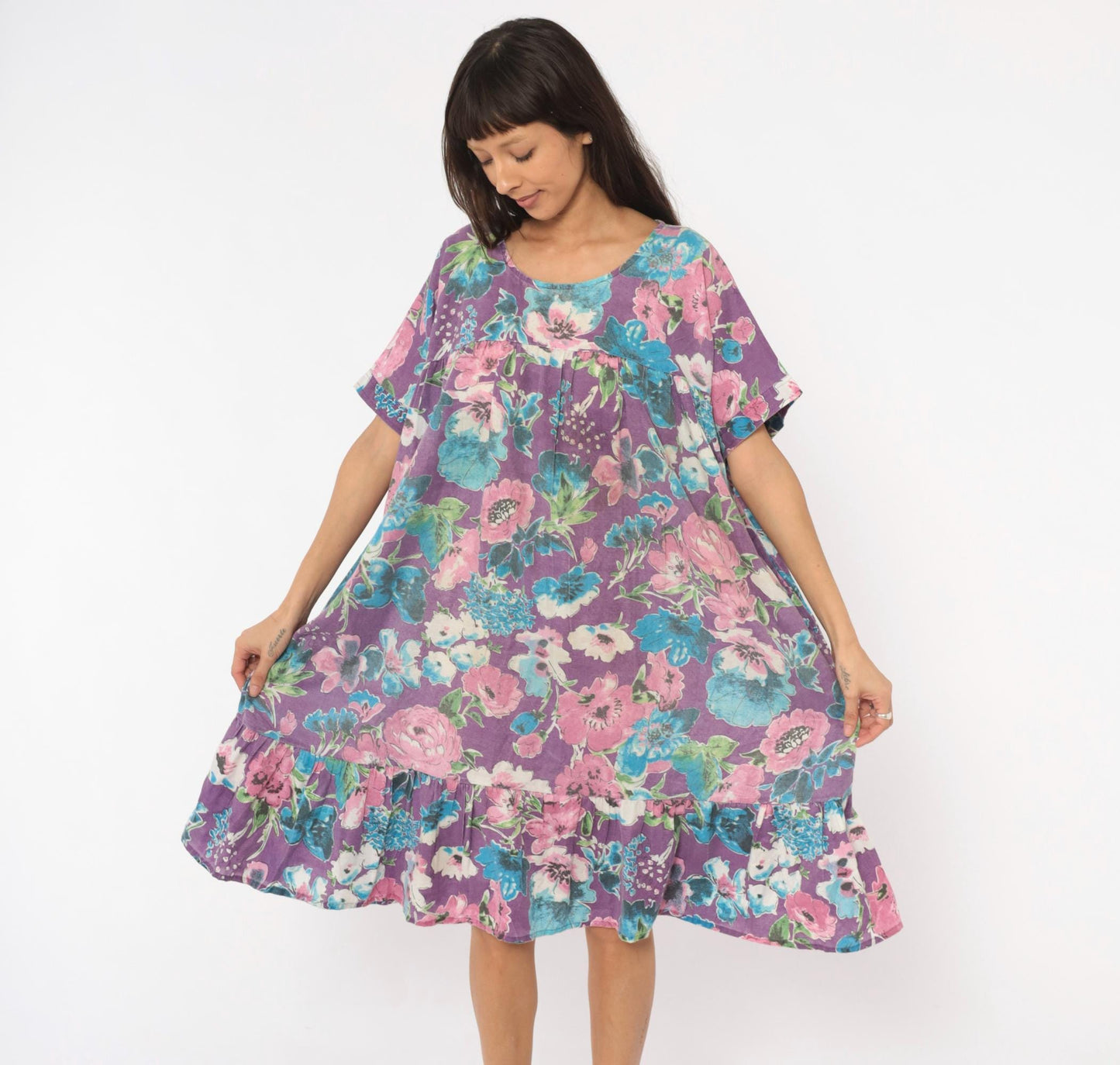 80s CW Classics Floral Watercolor Cotton Dress Purple Pink Blue Knee Length Small