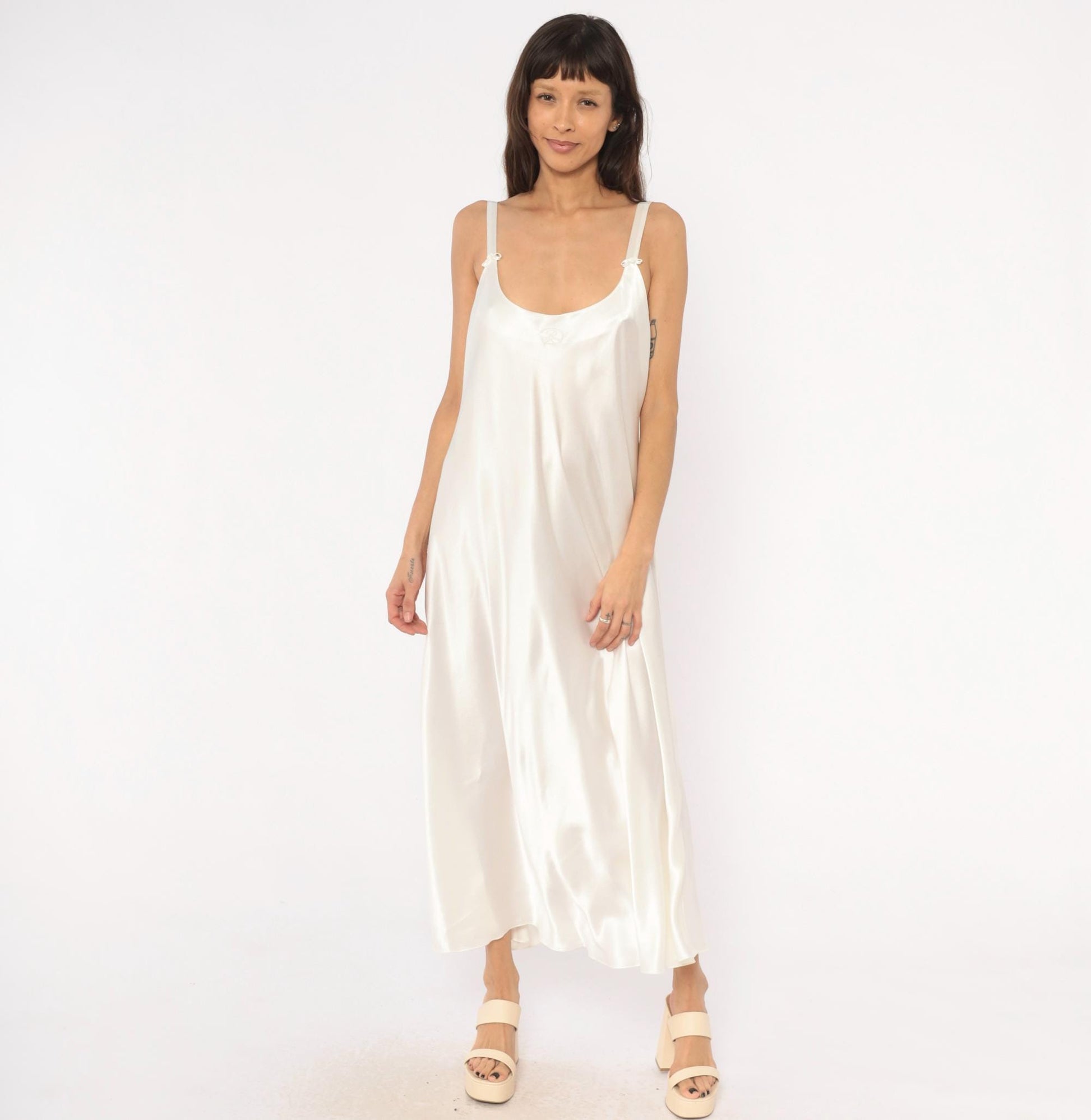 90s Oscar De La Renta Cream Satin Slip Dress Bow Detail Ankle Length Plus Size 1X