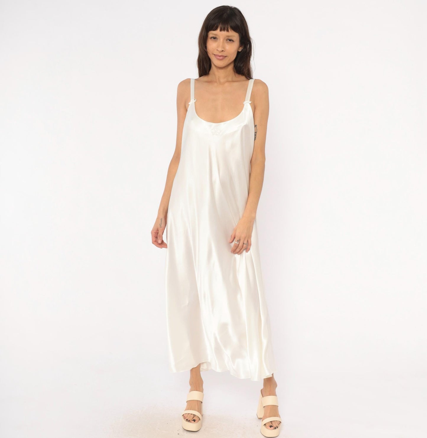 90s Oscar De La Renta Cream Satin Slip Dress Bow Detail Ankle Length Plus Size 1X