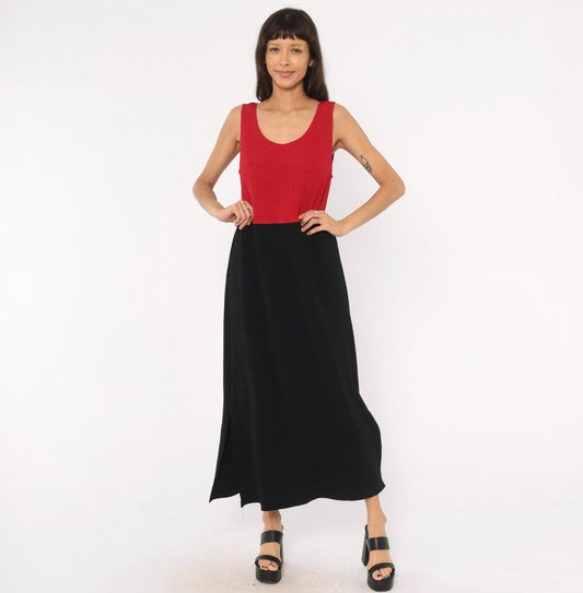 90s Positive Attitude Color Block Maxi Dress Red Black Sleeveless Large L