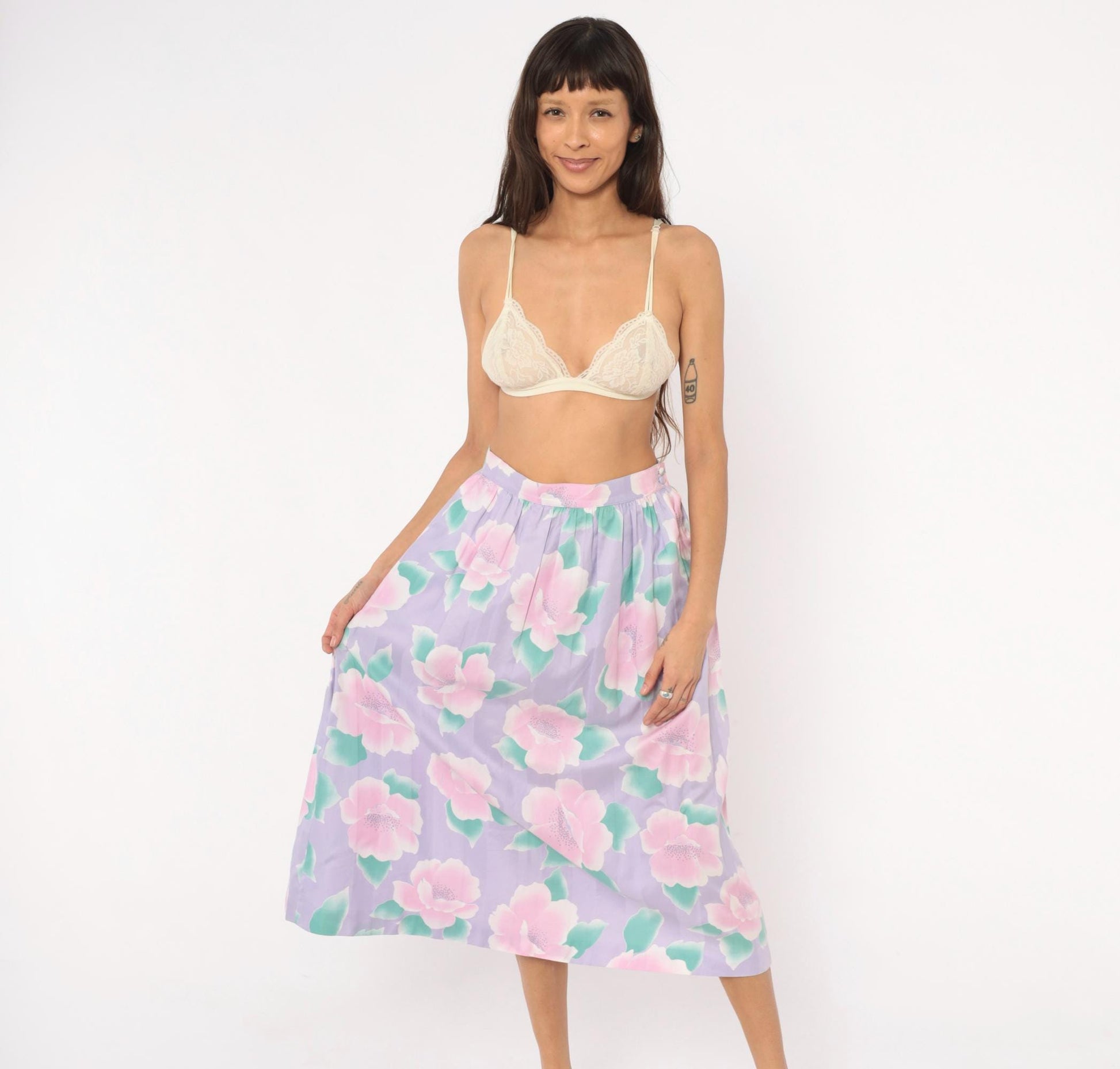 80s Prophecy Floral Midi Skirt Lavender Pink Rose Print Cotton Medium M