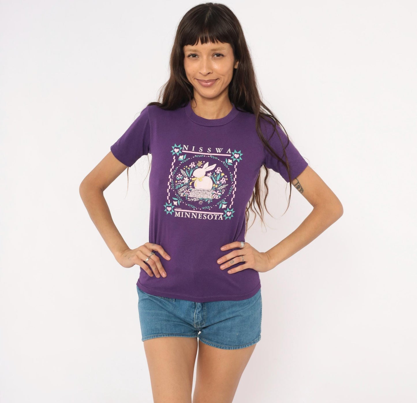 90s Nisswa Minnesota Bunny Graphic Tee Purple Cotton Jerzees Extra Small