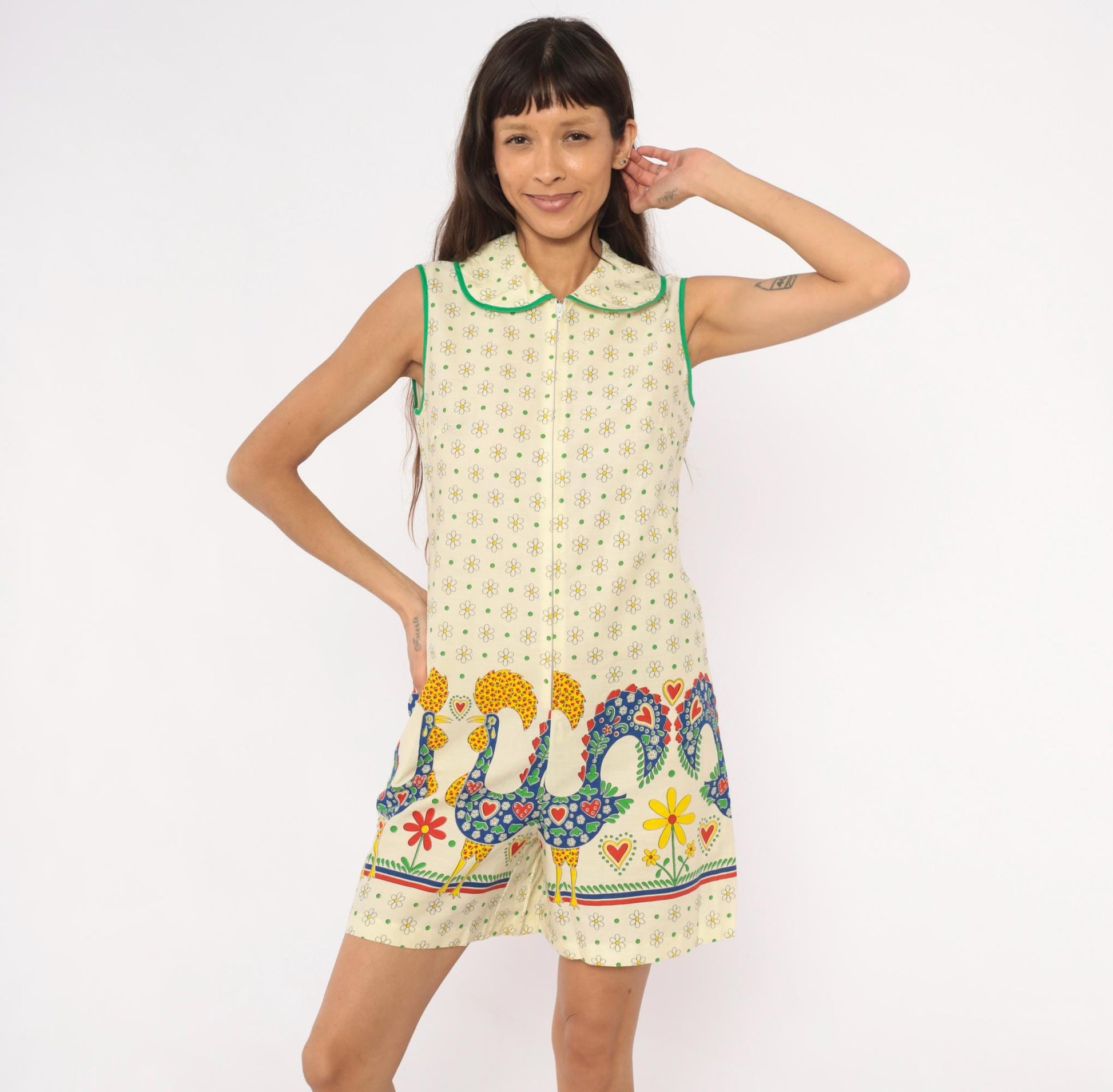 70s Gaymode Penneys Rooster Romper Daisy Print Peter Pan Collar Yellow Small