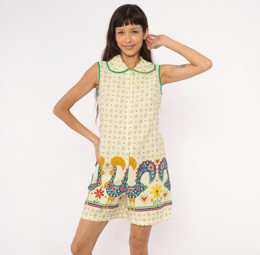 70s Gaymode Penneys Rooster Romper Daisy Print Peter Pan Collar Yellow Small