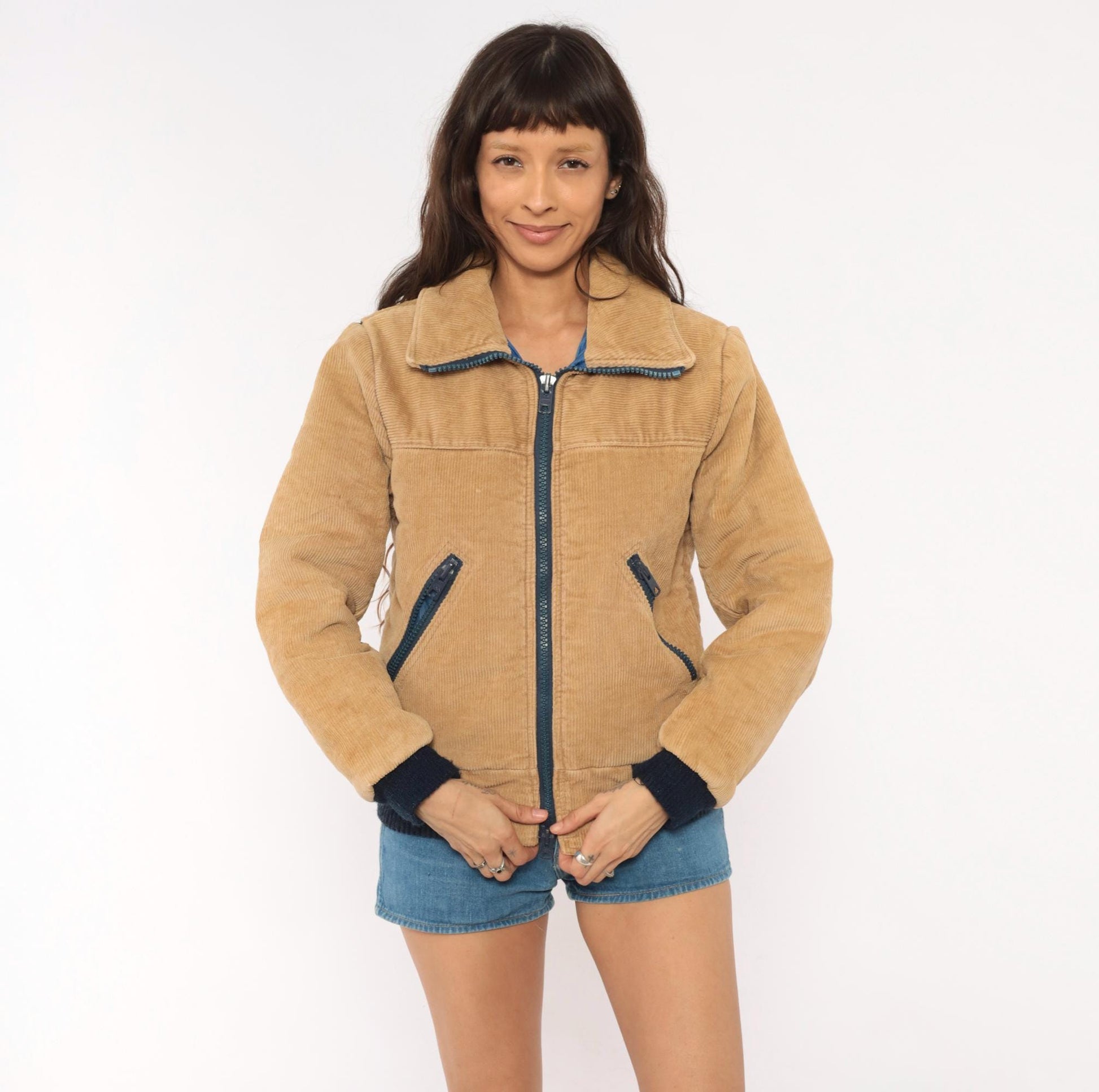 70s Sports B Corduroy Bomber Jacket Tan Quilted Padded Small S