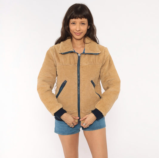 70s Sports B Corduroy Bomber Jacket Tan Quilted Padded Small S