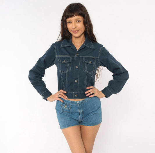 70s Montgomery Ward Cropped Trucker Jacket Navy Snap Front Pointed Collar XXS