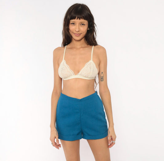 70s Teal High-Waisted Shorts Cotton V-Shaped Waistband Cuffed Small S
