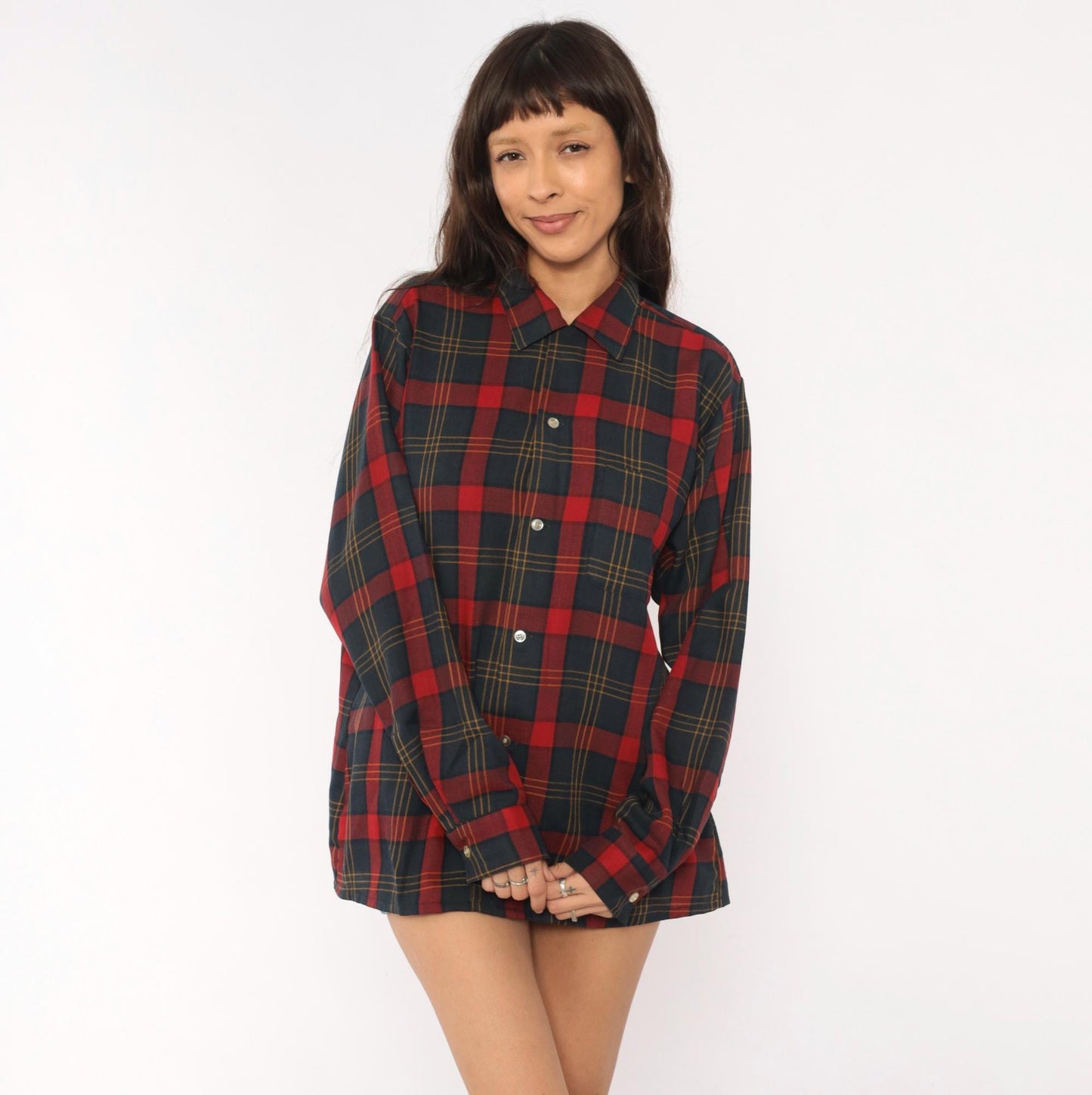 60s Arrow Plaid Wool Shirt Burgundy Navy Pointed Collar Button-Up Medium
