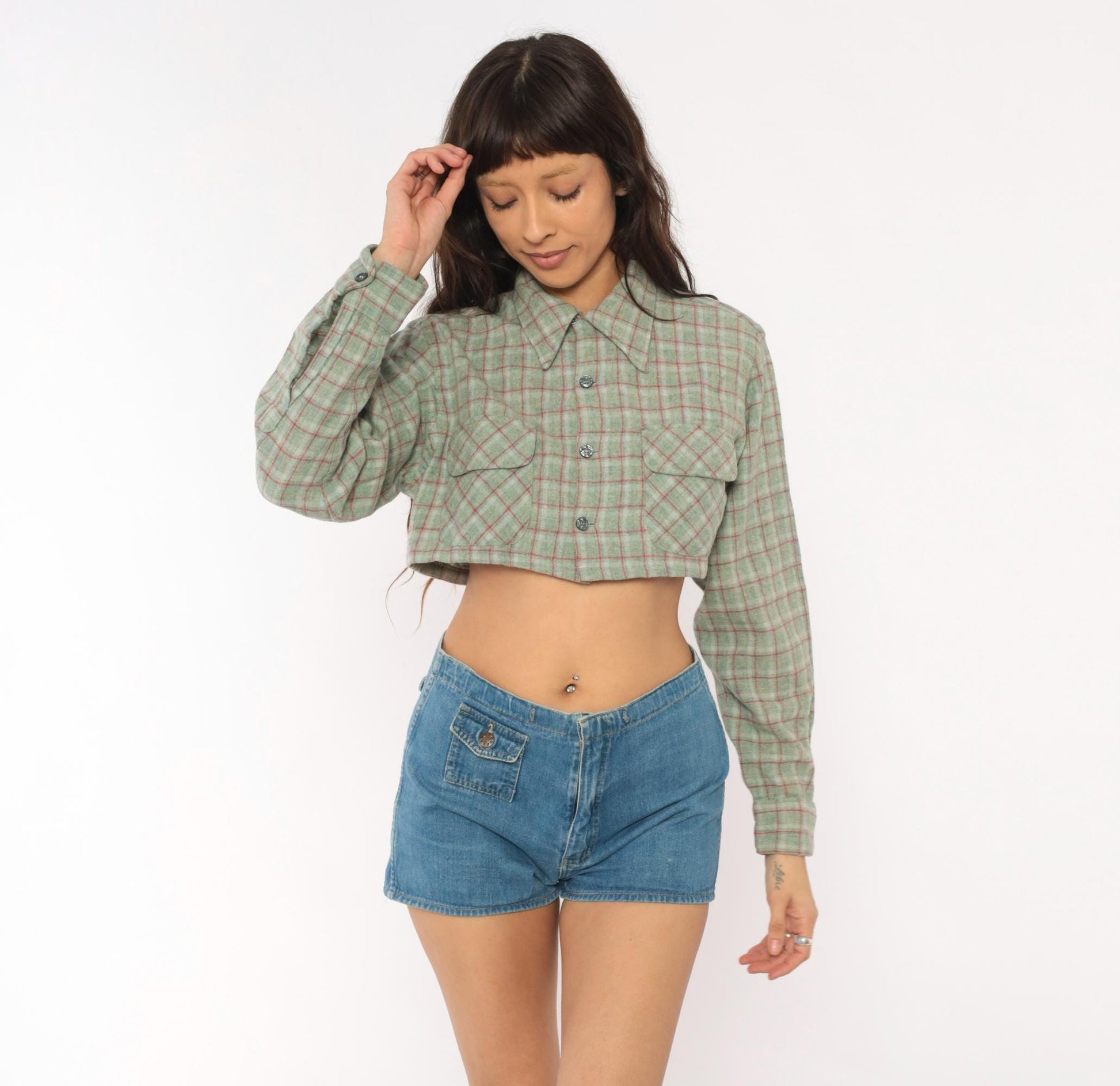 60s Towncraft Cropped Plaid Wool Shirt Sage Green Red Windowpane Medium